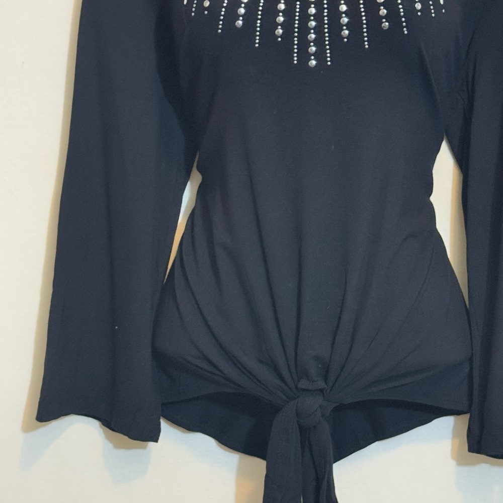 H-161 JM Collection Black Embellished Tie Front Long Sleeve Pullover Blouse - Picture 2 of 14
